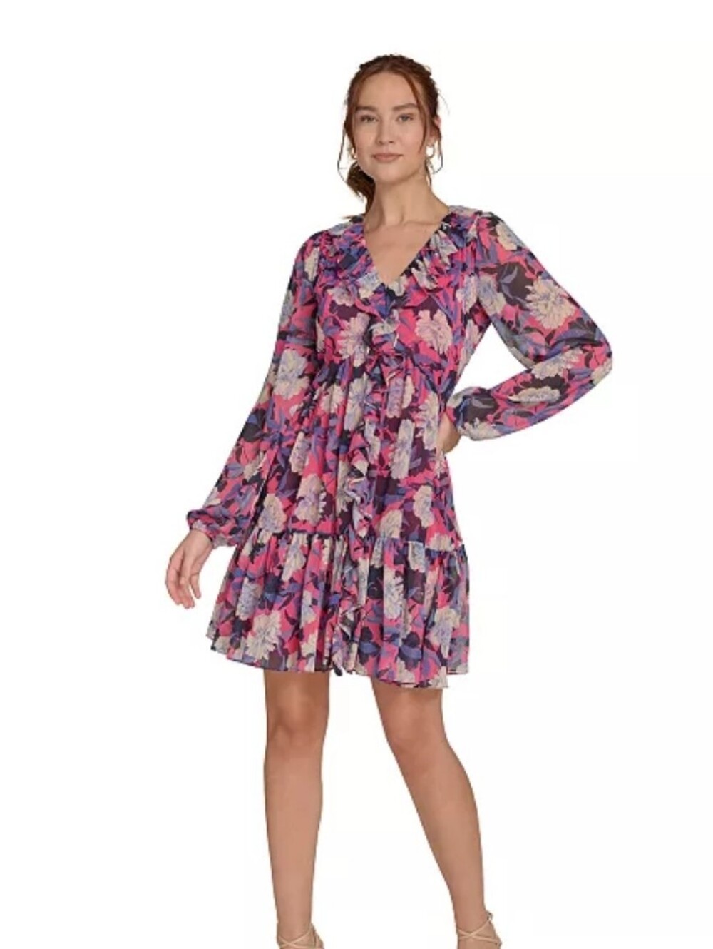 Tommy Hilfiger NWT Floral Ruffle Chiffon Tiered Dress Pink Purple Size 14